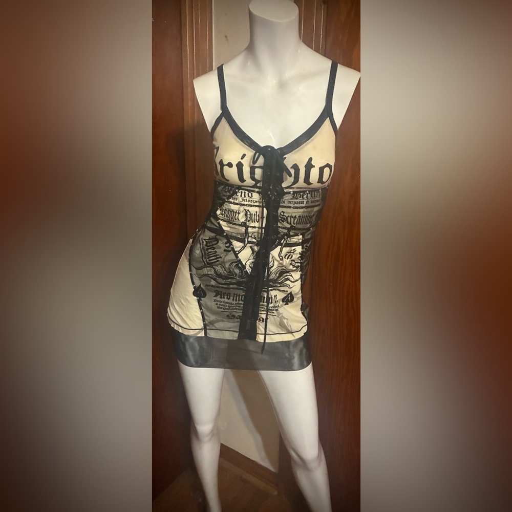 Salvage Brand Rhinestone Accented White & Black Corset Style Tunic Top